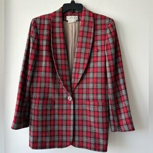 VTG Gilmor Blazer Red Gray Tartan Plaid Wool One Button Women 14 Preppy Academia